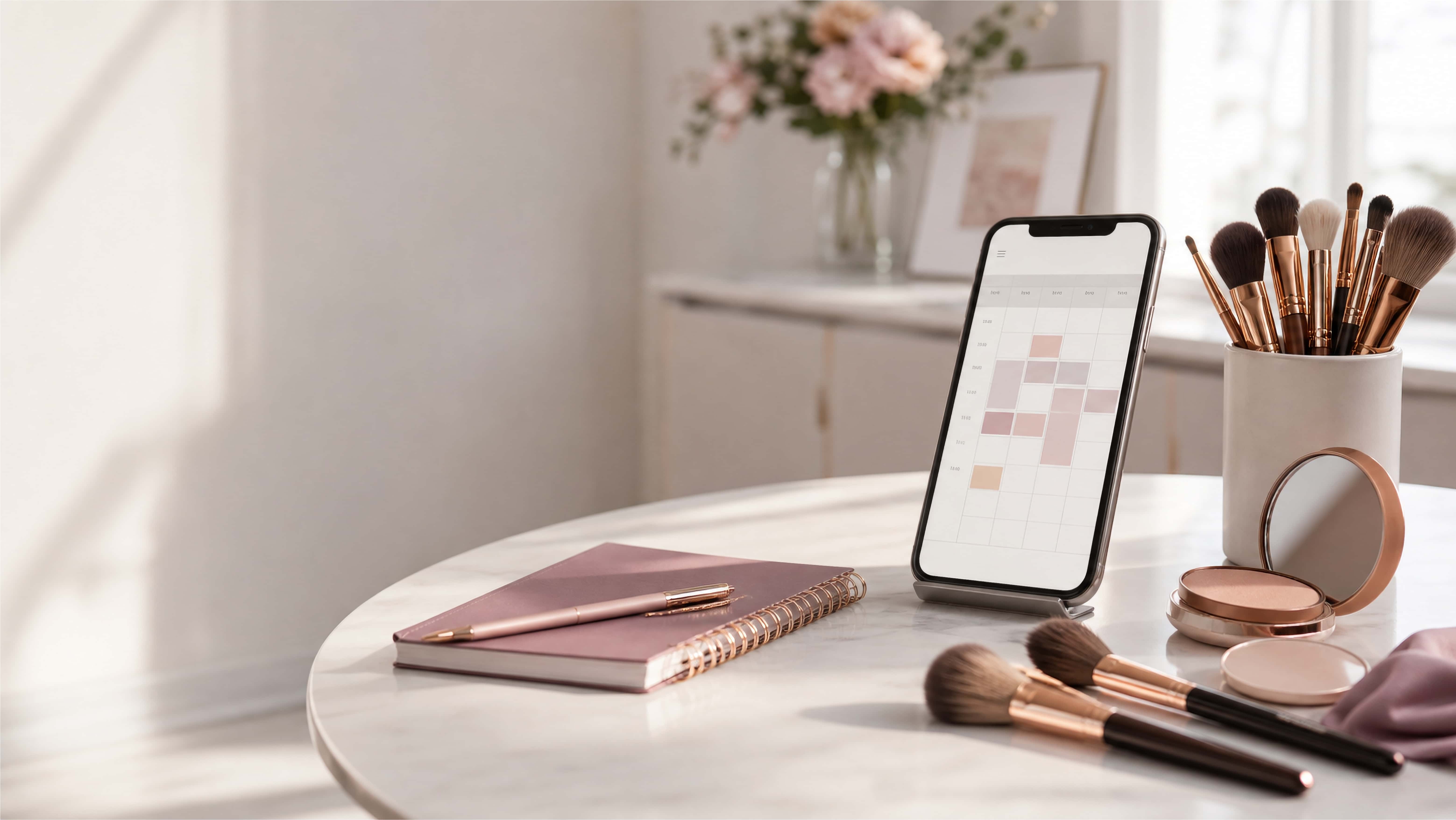 Makeup artist checking an online booking schedule beside professional makeup tools.